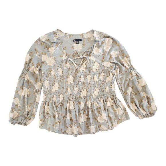 American Eagle Outfitters Tops - AMERICAN EAGLE Smocked Floral Blouse Blue Cream Ivory Boho Peplum Size Small
